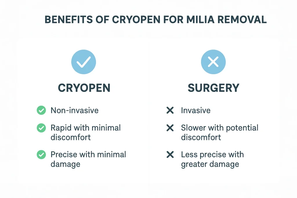 Benefits of cryopen for milia removal Tyne & Wear compared to surgical treatments.