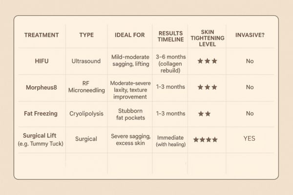 Table showing the comparisons of Skin tightening Tyne & Wear treatment options. 
